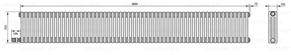 Схема (чертеж) Радиатор Zehnder Charleston 3050/58 №V004 Белый глянцевый RAL 9016